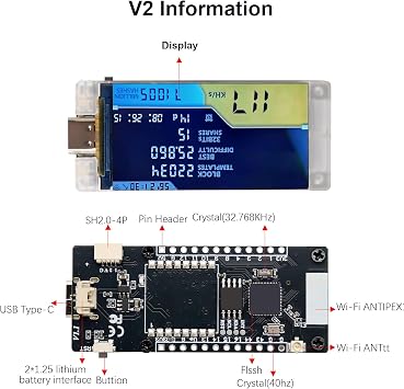 V2 Pro 307KH/S Bitcoin Miner Solo Lottery BTC Module V2 Mining Bitcoin with 1.9 Inch TFT Colour Screen ESP32-R8 Module with WiFi/BLE 5.0 More Chances of Winning Compatible with Miner