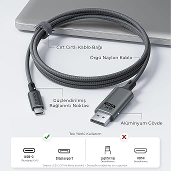 USB-C to DisplayPort 1.4 Kablo 2 Metre 8K 60Hz 4K 144Hz 2K 240Hz Type-C to DP Monitör Kablosu Thunderbolt 5/4/3 Uyumlu