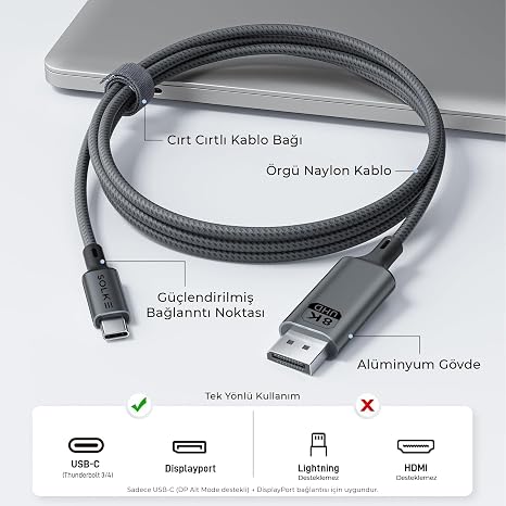 USB-C to DisplayPort 1.4 Kablo 2 Metre 8K 60Hz 4K 144Hz 2K 240Hz Type-C to DP Monitör Kablosu Thunderbolt 5/4/3 Uyumlu