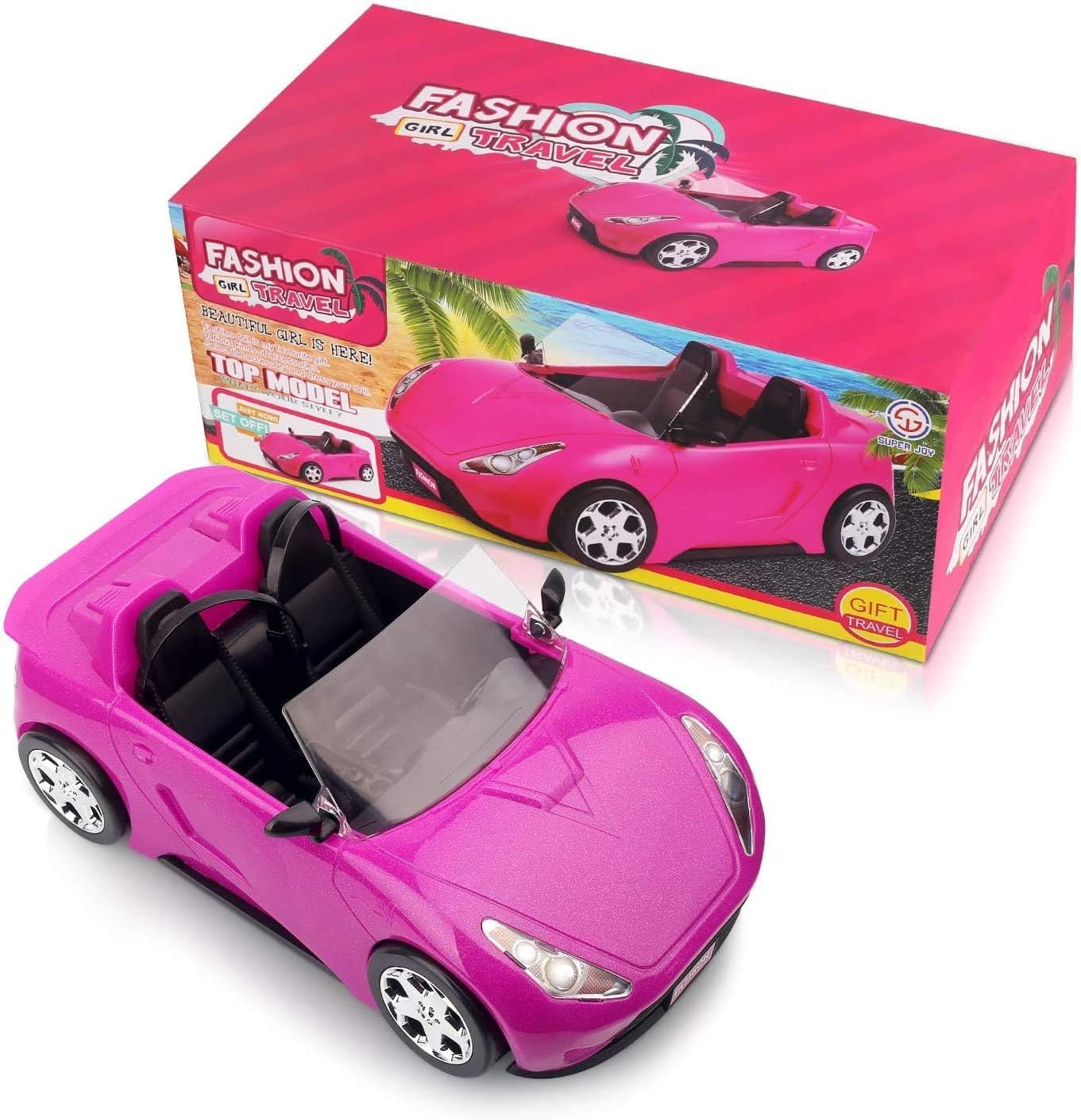 SUPER JOY Convertible Car for Dolls, Glittering Magenta Convertible Doll Vehicle with Working Seat Belts