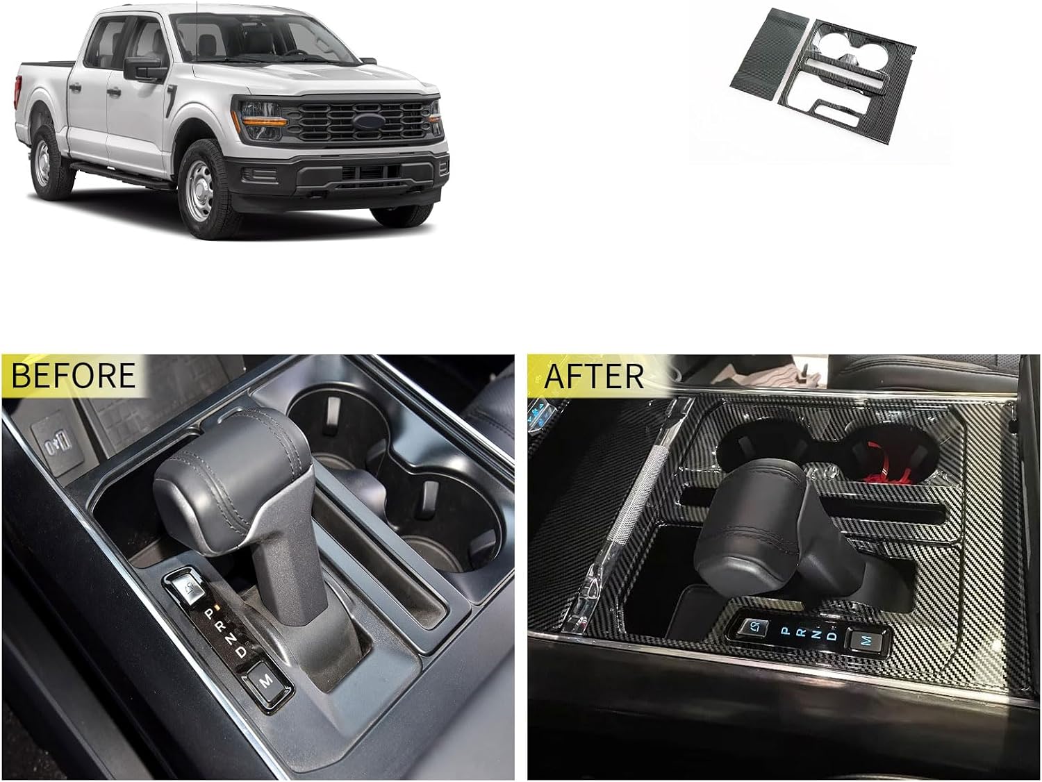 Gear Shift Panel Cover Compatible with Ford F150 F-150 2026 2025 2024-2021 Gear Shift Console Panel Trim Cup Holder Frame Cover Interior Car Accessories ABS 2PCS(Carbon Fiber Style)