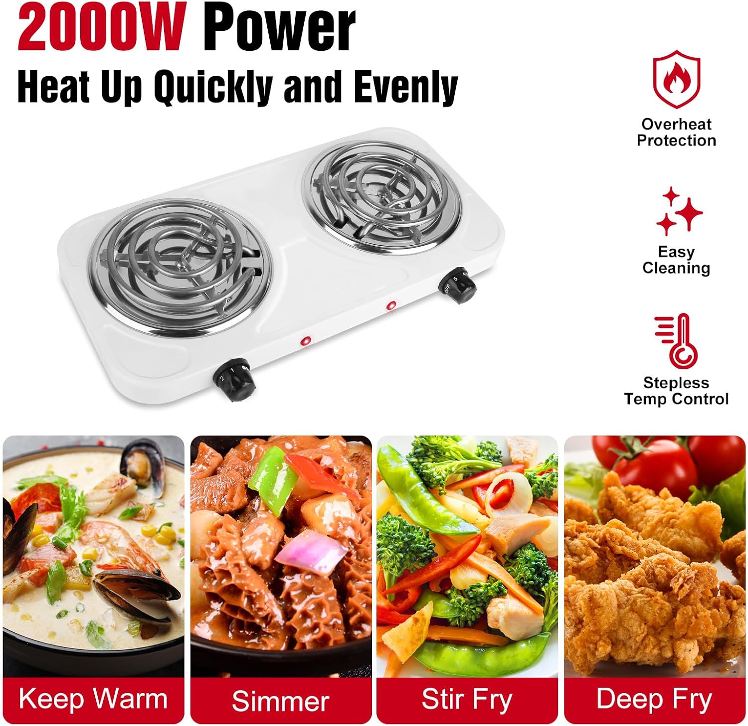 2000W Electric Hot Plate,Portable Electric Stove Countertop Double Coil Burners W/Dual Control&5 Level Temperature Control, Easy to Clean,Lightweight Cast Iron Countertop Stove for Home Camp RV 110V
