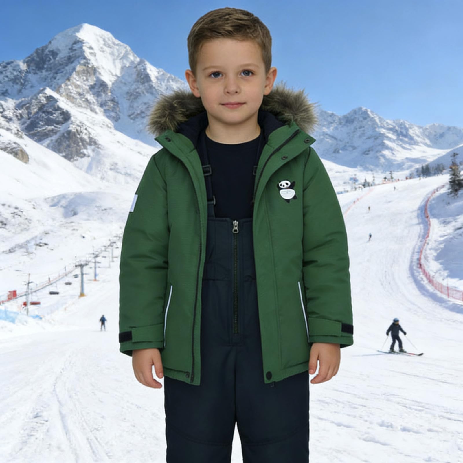 Generisch Traje de invierno para deportes de invierno con peto, resistente al viento, cálido, impermeable, traje de nieve para niños y niñas, ropa de juego para exteriores (verde militar, 3-4 años)