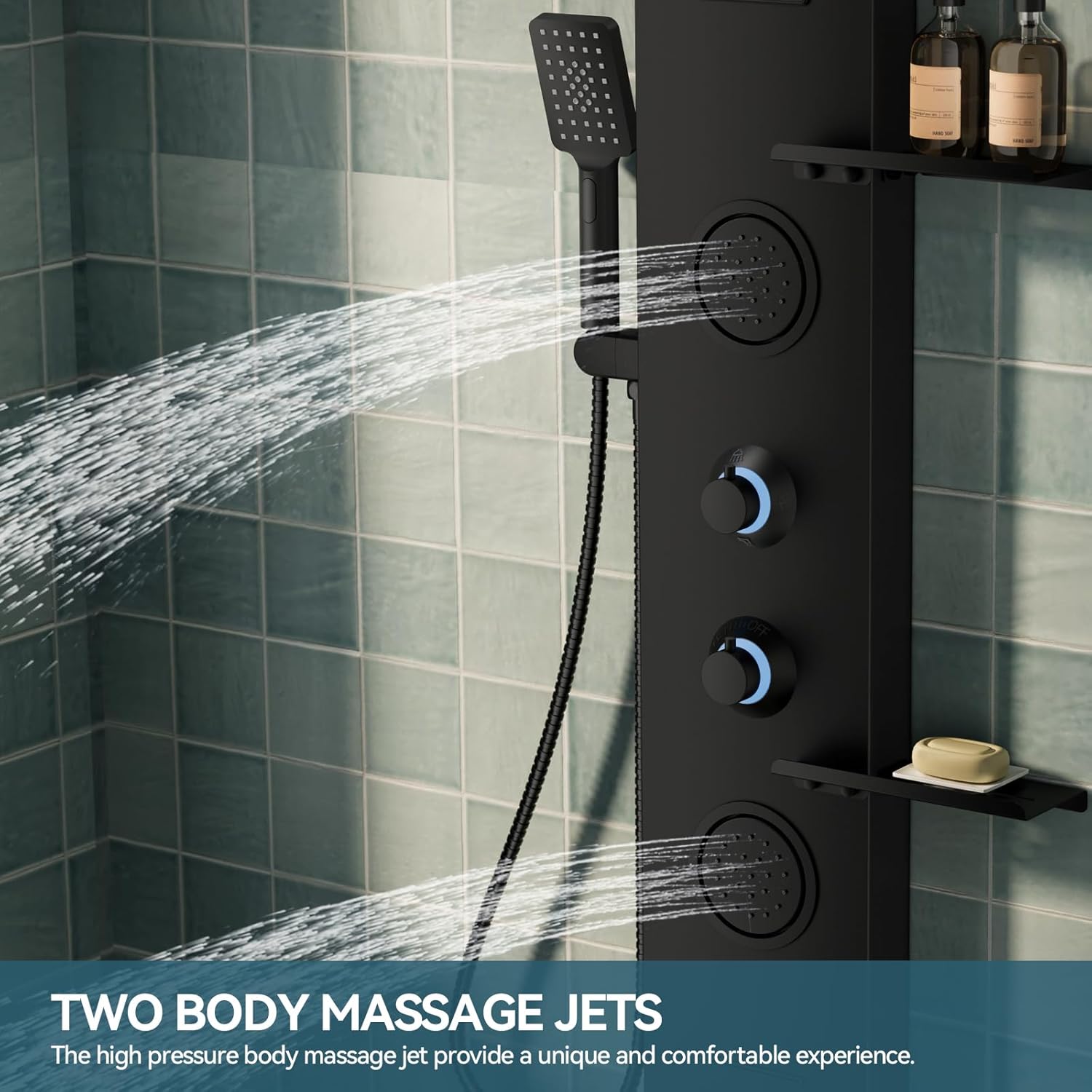 5 in 1 Black Shower Panel Tower System With Storage Shelf, 304 Stainless Steel Shower Tower with Rainfall Shower Handheld and Tub Spout, Powerful Body Jets, Wall-Mounted Shower Set