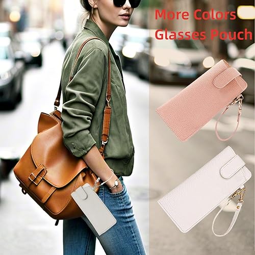 Miniatura 7 de Estuches suaves para gafas, bolsa portátil para lentes con clip de botón, correa de muñeca, fundas de cuero para gafas de viaje (gris claro)
