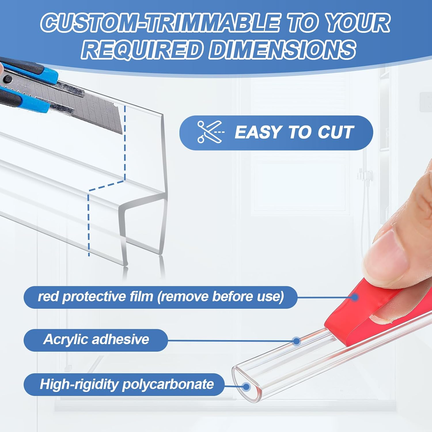 Pangda 4 Pack 3/8" x 39" Shower Door Bottom Seal Strip Shower Door Side Seal Sweep for 3/8 Inch Frameless Glass, Clear Polycarbonate H, M, D Type for Bathroom, Stop Water Leaks, Create a Water Barrier