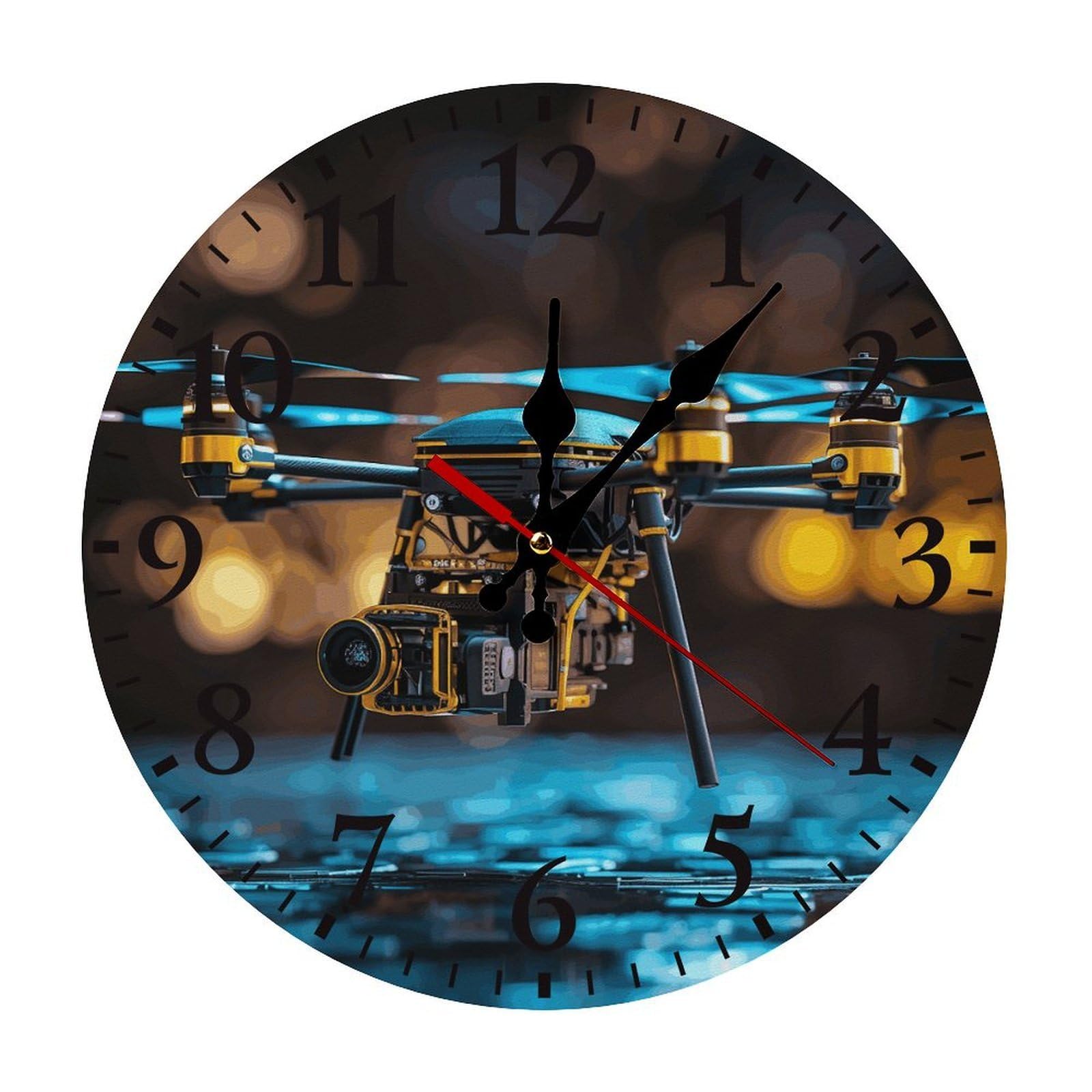 QMNLKH Drone Wall Clock for Home, Battery Operated Clock for Hotel, Round Wall Clock with Arabic Numerals Black, Easy to Read, Non-Ticking Clocks for Living Room 30 * 30cm