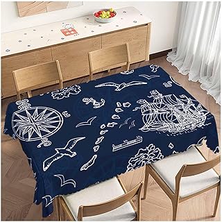 Nautical Marine Kitchen Tablecloth Pirate Adventures Ships Compass Anchor Blue Indoor Outdoor Table Cover Anti-Oil Table Cloths for Wedding Banquet Dinner Tablecloths 52x70 Inch