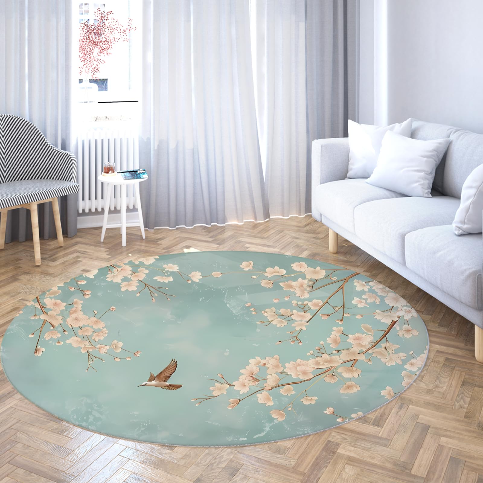 Tapis rond oiseau et sakura mince antidérapant pour protéger et décorer le sol