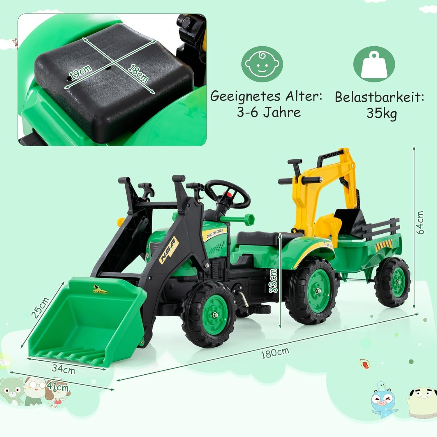 DREAMADE Trettraktor, Kindertraktor mit Anhänger & Schaufel & Frontlader, Kinderbagger Sitzbagger mit Hupe & Rechen, Tretfahrzeug für Kinder ab 3 Jahren (Grün)