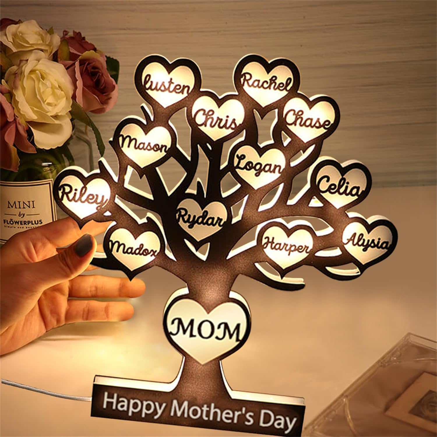 Personalized Family Tree Name Lamp Custom Mom Acrylic Night Light with 1-12 Names Tree of Life Frame Sign Mom LED Light Family Name Sign Decor Gifts for Mom Grandma Birthday