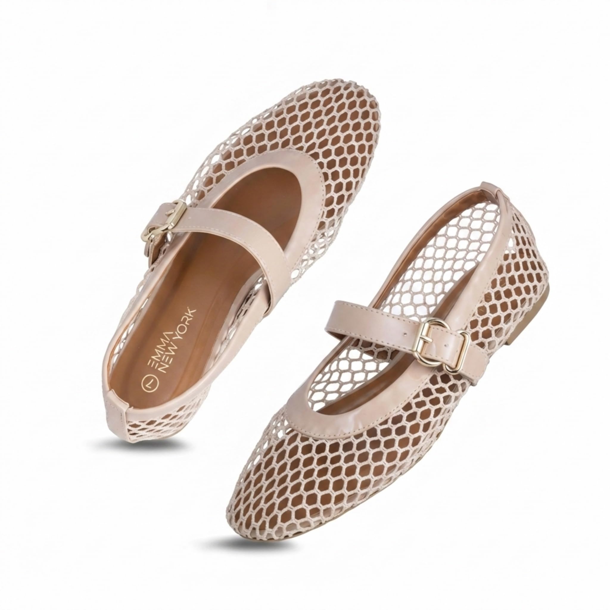 EMMA NEW YORK Mesh Ballet Flats for Women, Mary Jane Mesh Ballet Flats Shoes for Women with Buckle Strap (Nude, 11)