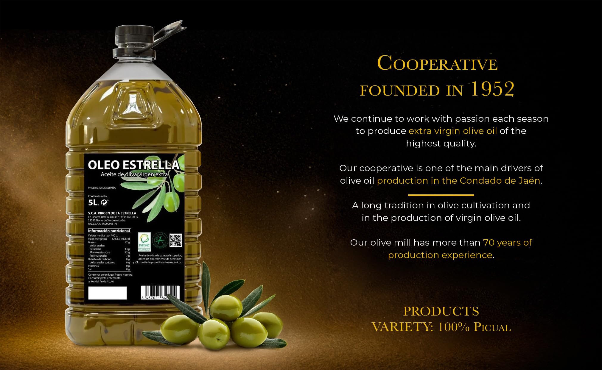 Aceite de Oliva Virgen Extra Picual 5 Litros Oleo Estrella