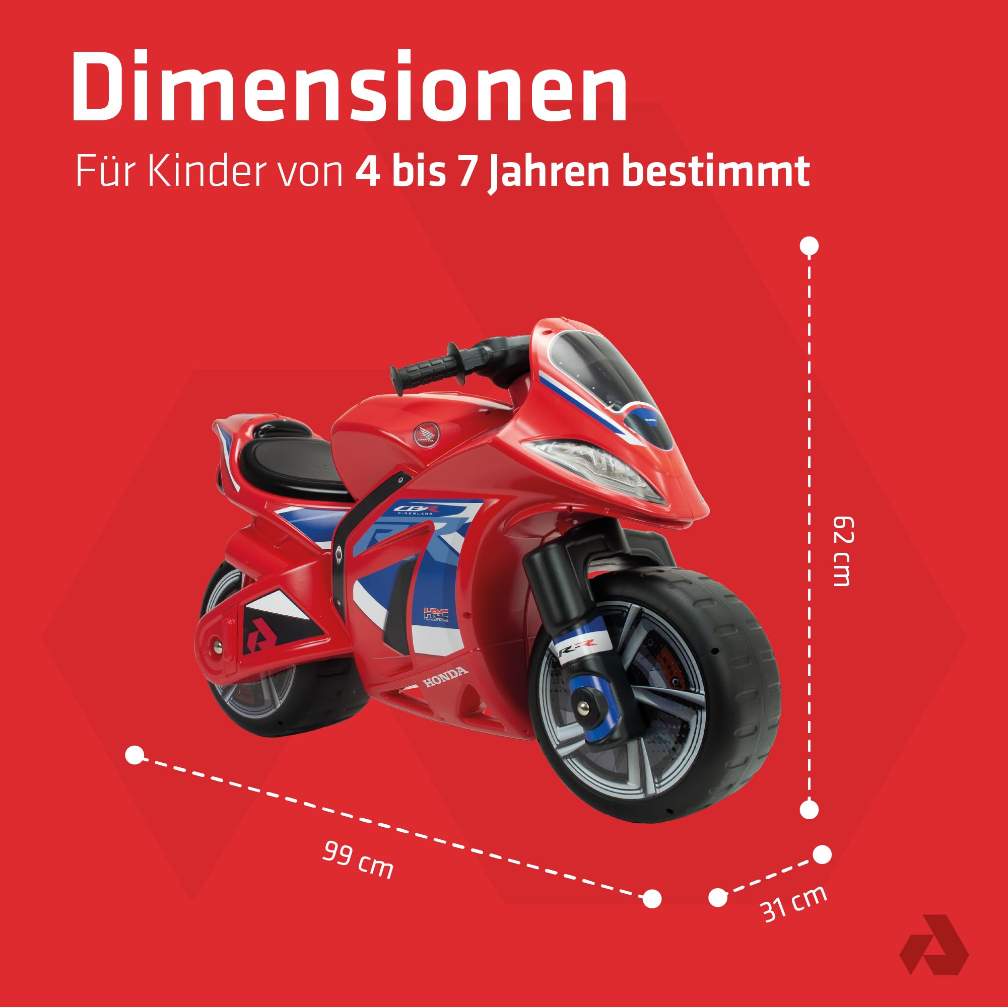 Laufrad ohne Pedale für Kinder von 4 bis 7 Jahren Winner Honda Racing XL mit Breiten Rädern ergonomischem Design Tragegriff und sportlicher Optik INJUSA