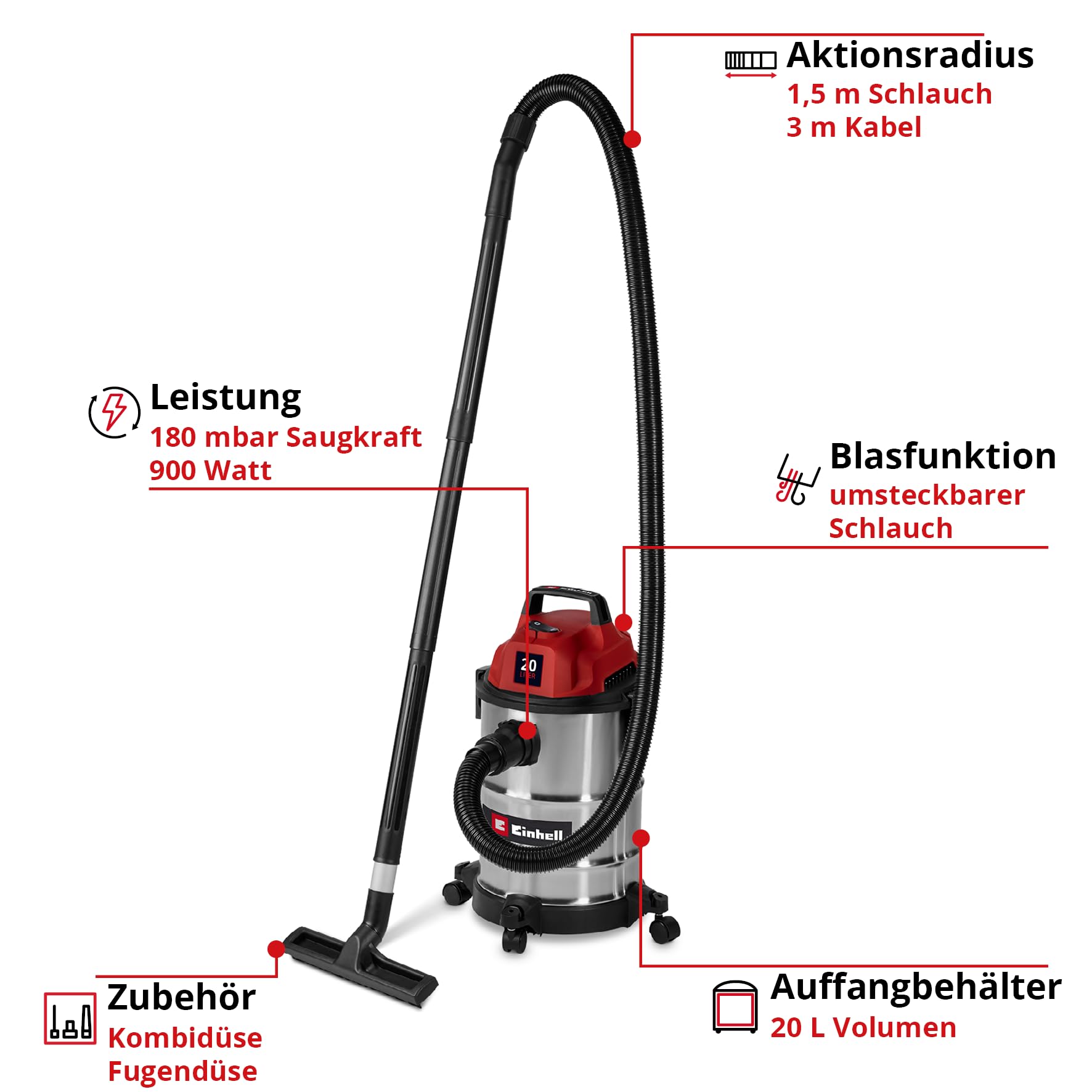 Einhell TC-VC 2045 S Nass-Trockensauger 900 W 180 mbar 20 L Edelstahlbehälter