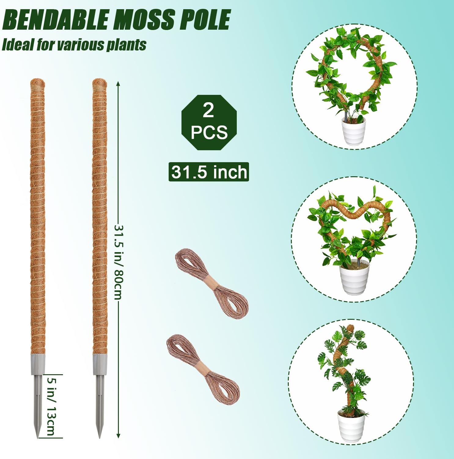 Moss Pole 31.5 Inch, 6 Pack Bendable Moss Pole for Plants Monstera, Moss Poles for Climbing Plants Indoor, Coconut Fiber Plant Poles Support Sticks for Potted Plants (31.5inch × 6pcs)