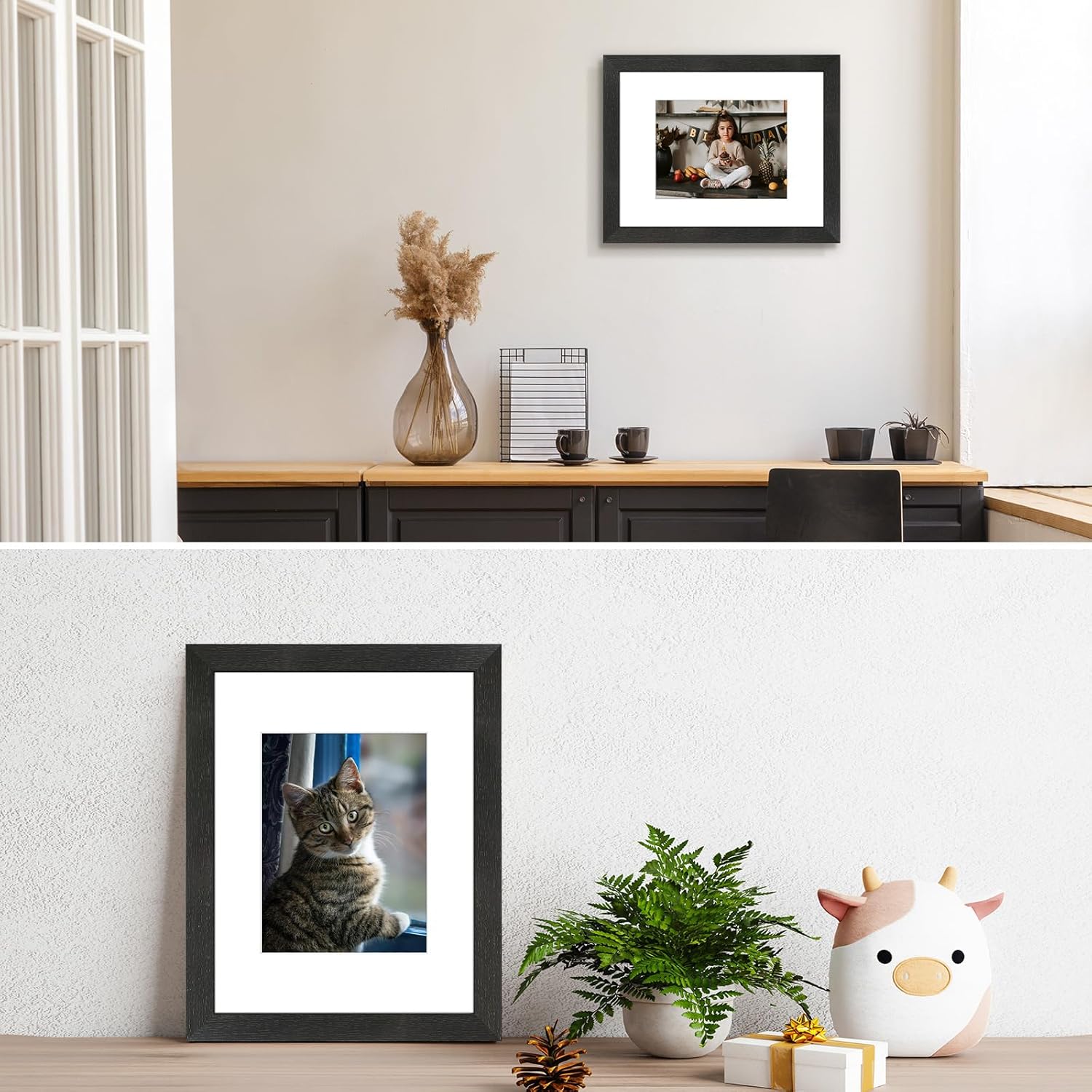 Golden State Art, Set of 4, 9x12 Picture Frame Black Wood Pattern with Mat for 8x6 Picture or 9x12 without Mat, Horizontal and Vertical formats for Wall Mounting