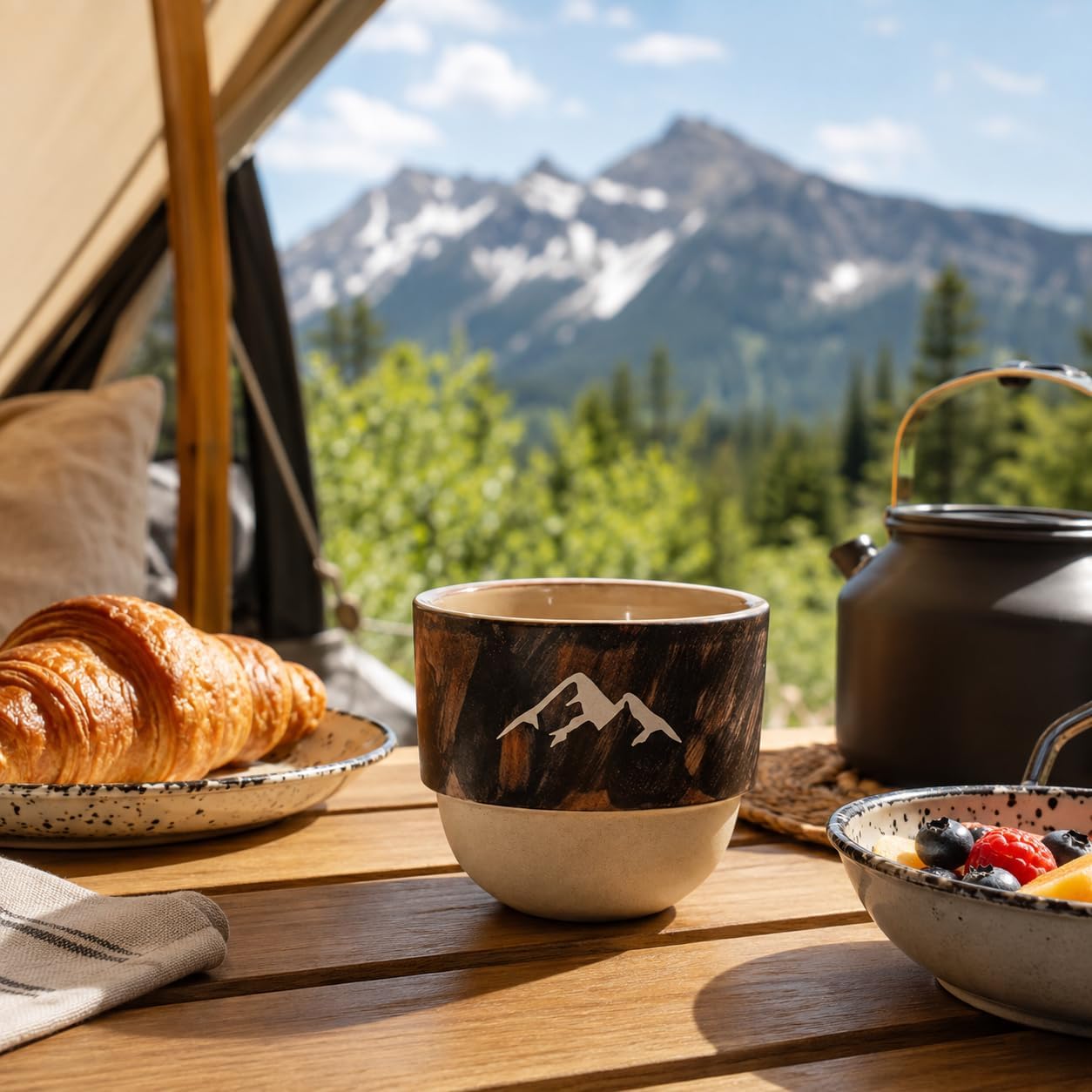 7oz Handleless Ceramic Coffee Cup, Wabi Sabi Pottery Latte Cup with Laser Engraved Snow Mountain, Matte Frosted Small Coffee Mug for Camping, High-Fired Anti-Slip Base