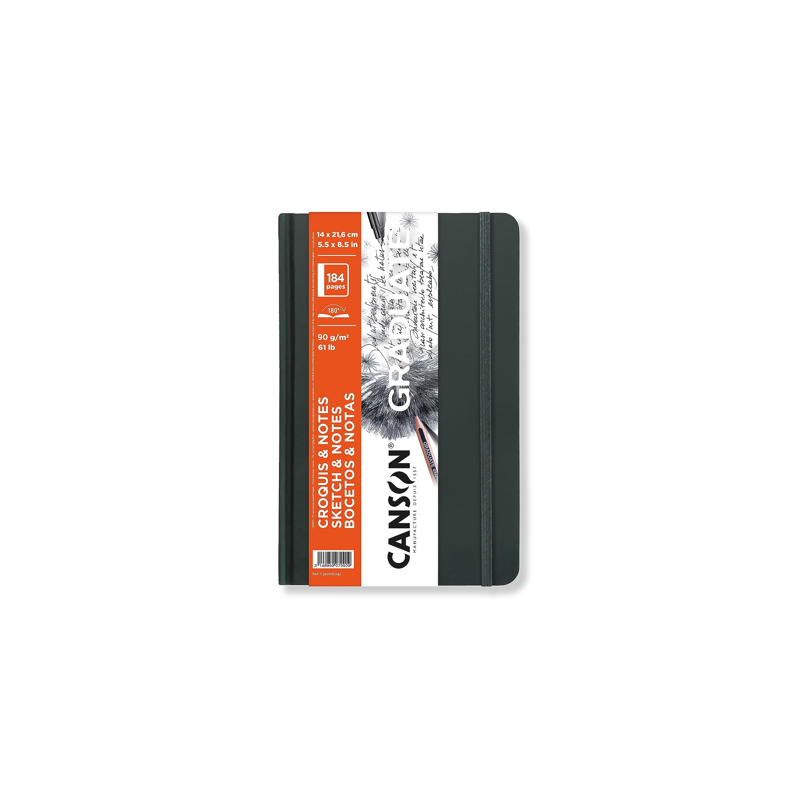 CANSON Graduate Hardbound Sketch & Notes Book, 90gsm 14 x 21.6cm, Smooth Paper, 92 Ivory Sheets, Dark Grey Cover, for Artist Students