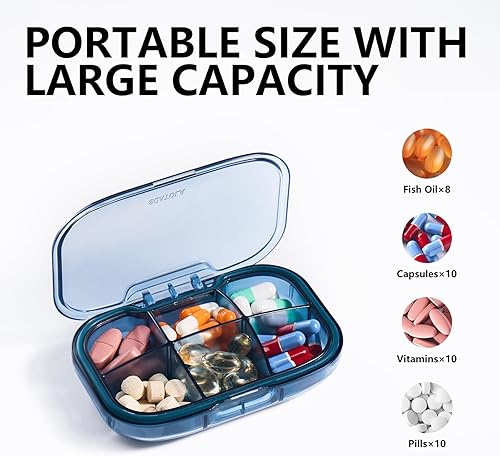 Miniatura 4 de Sukuos Organizador de pastillas de viaje con 6 compartimentos, pastillero diario portátil para bolsillo de bolso, pastillero pequeño fácil de abrir