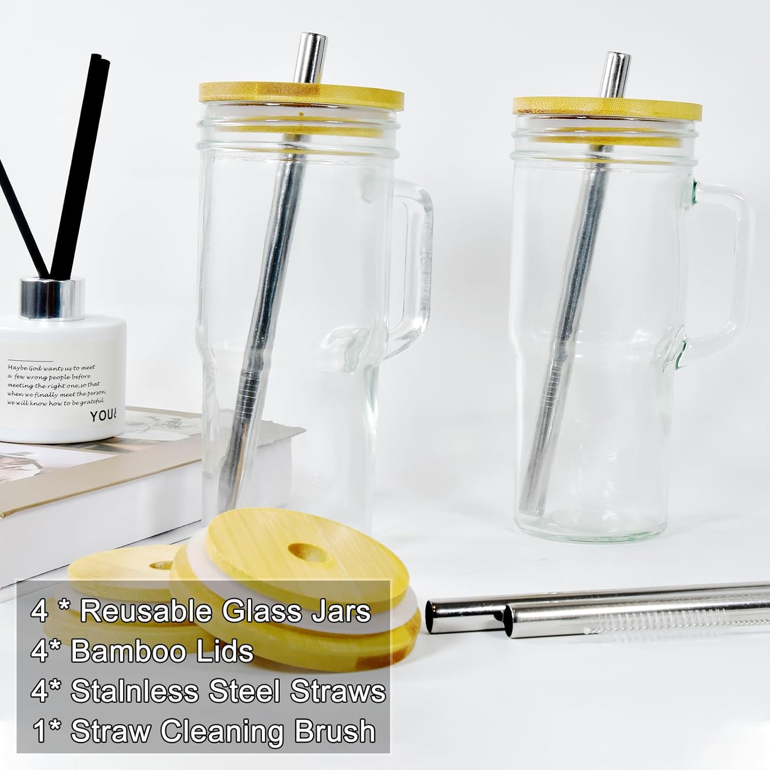 2Pcs Glass Cups with Lids and Straws, 24oz Mason Jar Iced Coffee Cup Drinking Jars Glasses Tumbler with Handle Bamboo Lids Wide Mouth Travel Mug for Bubble Tea, Iced Coffee, Smoothie, Beer - Image 4