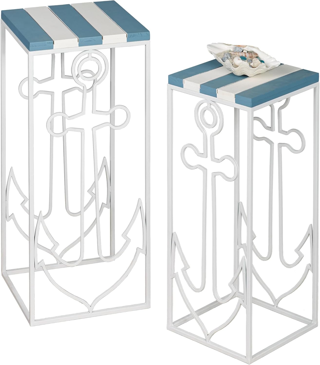 Nautical Anchor Slat Wood and Metal Nesting Table Set of 2, 27 and 30 Inches High | Coastal Style Accents | Openwork Frame