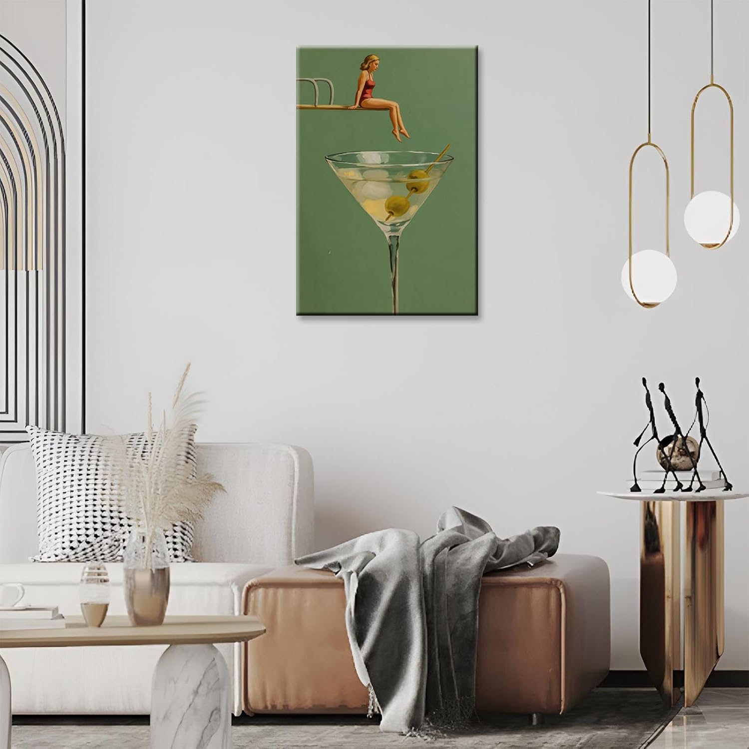 Vintage Surreal Martini Canvas Wall Art Funny Cocktail Diving Board Women'S Posters Trendy Sage Green Alcohol Aesthetic Prints Painting For Home Kitchen Dorm Wall Decor 16x24in Framed