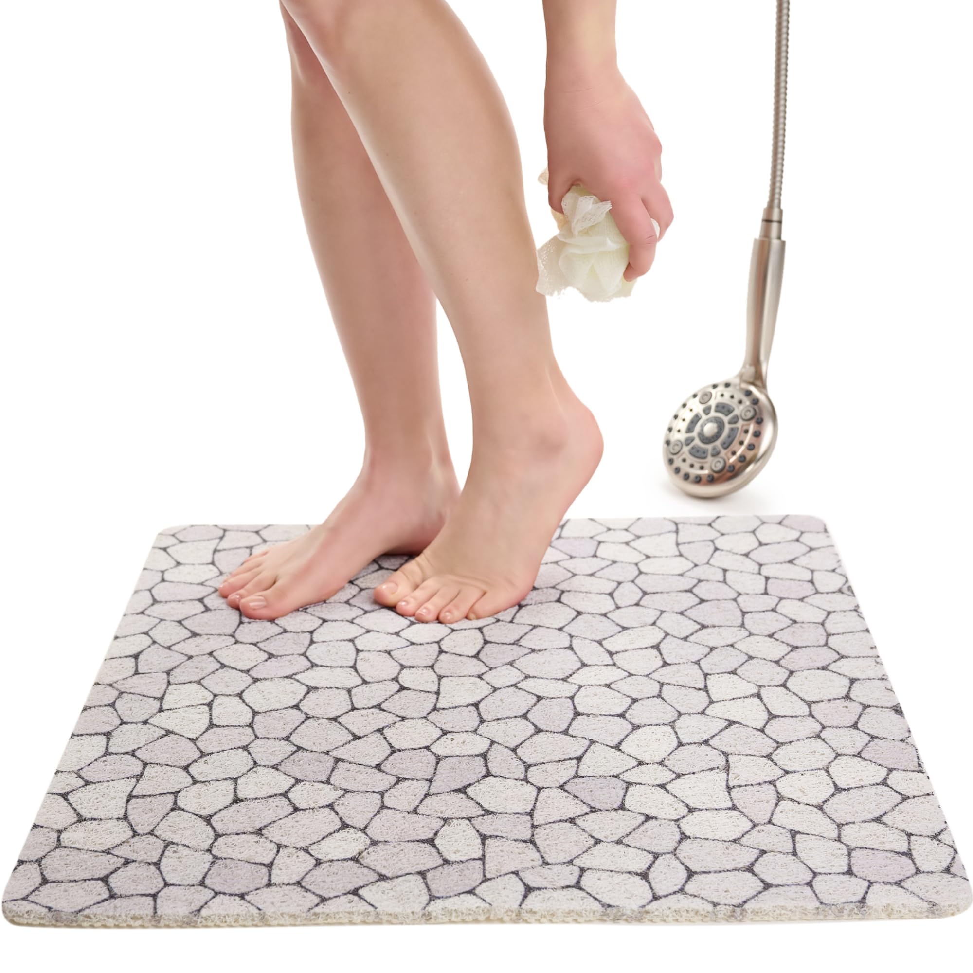 Enkosi Loofah Shower Mat Non-Slip - Anti-Slip Bath Mat for Inside Showers, Tub, Bathtub, Bathroom - Quick Dry PVC with Drain Holes - Cushioned Safety Grip - Secure for Kids and Elderly (Pebble 24x24)