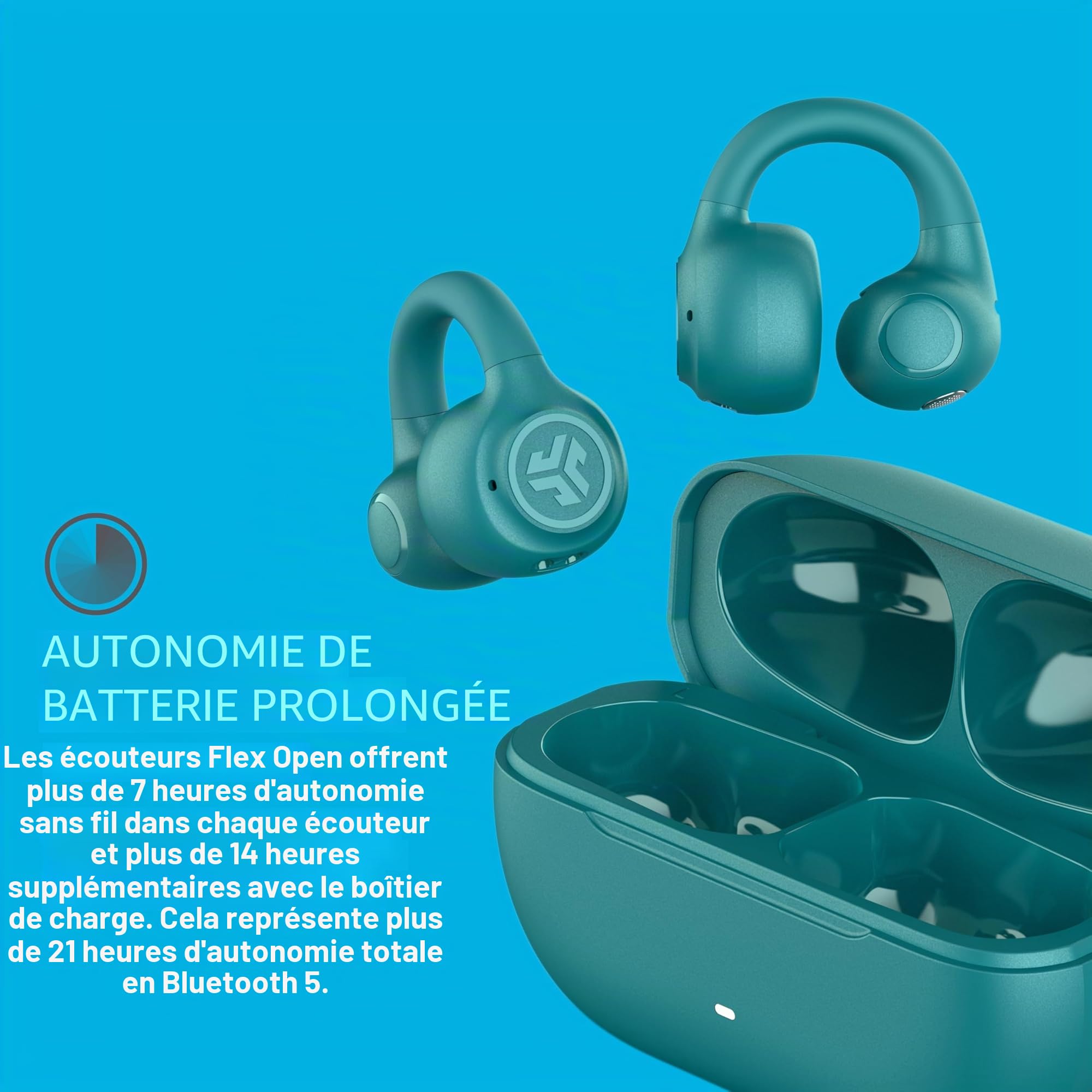 JLab Flex Casque à Oreille Ouverte - Bluetooth Multipoint, Sarcelle | Écouteurs à Oreille Ouverte, Design à Clipser, 21h, Bluetooth Multipoint, Micro, Personnalisation avec Application