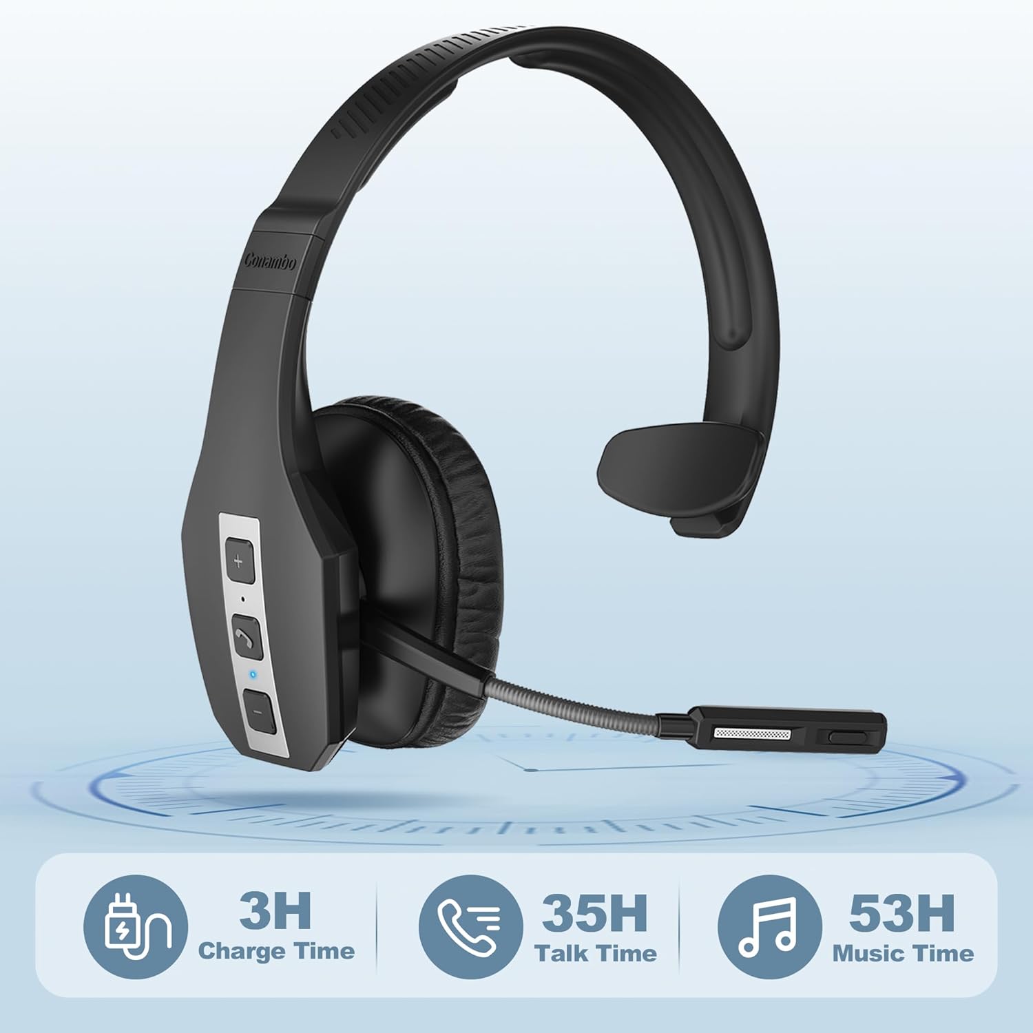 Conambo JBT600 Trucker Bluetooth Headset with Tri-Mic Noise Cancelling, CVC 8.0, Mute Button & 60Hrs Battery Life – Wireless Headset for Truck Drivers, Cell Phones & Office Use - Image 3