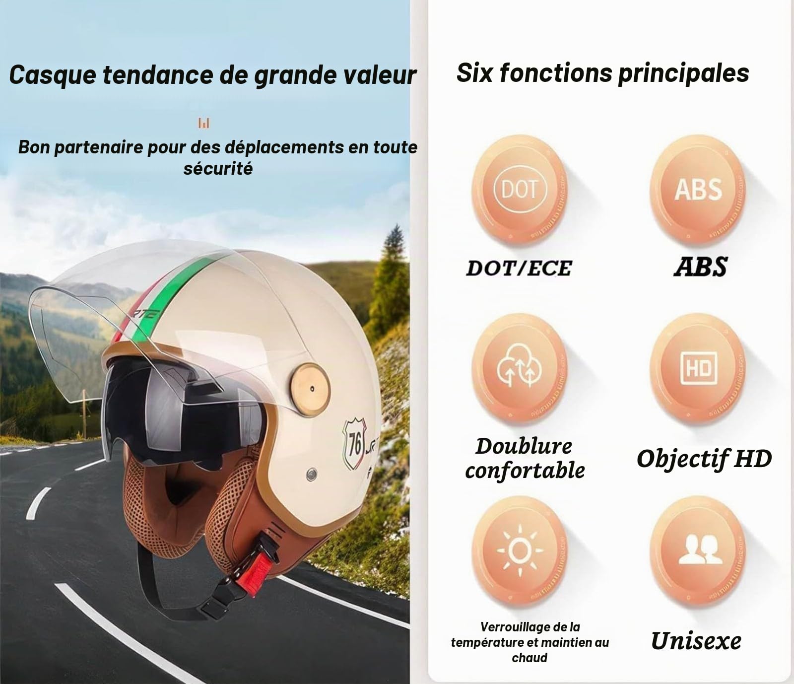 Casque Ouvert Motard Approuvé Dot/ECE, Casque De Moto Vespa Jet, Noir, Taille M/L