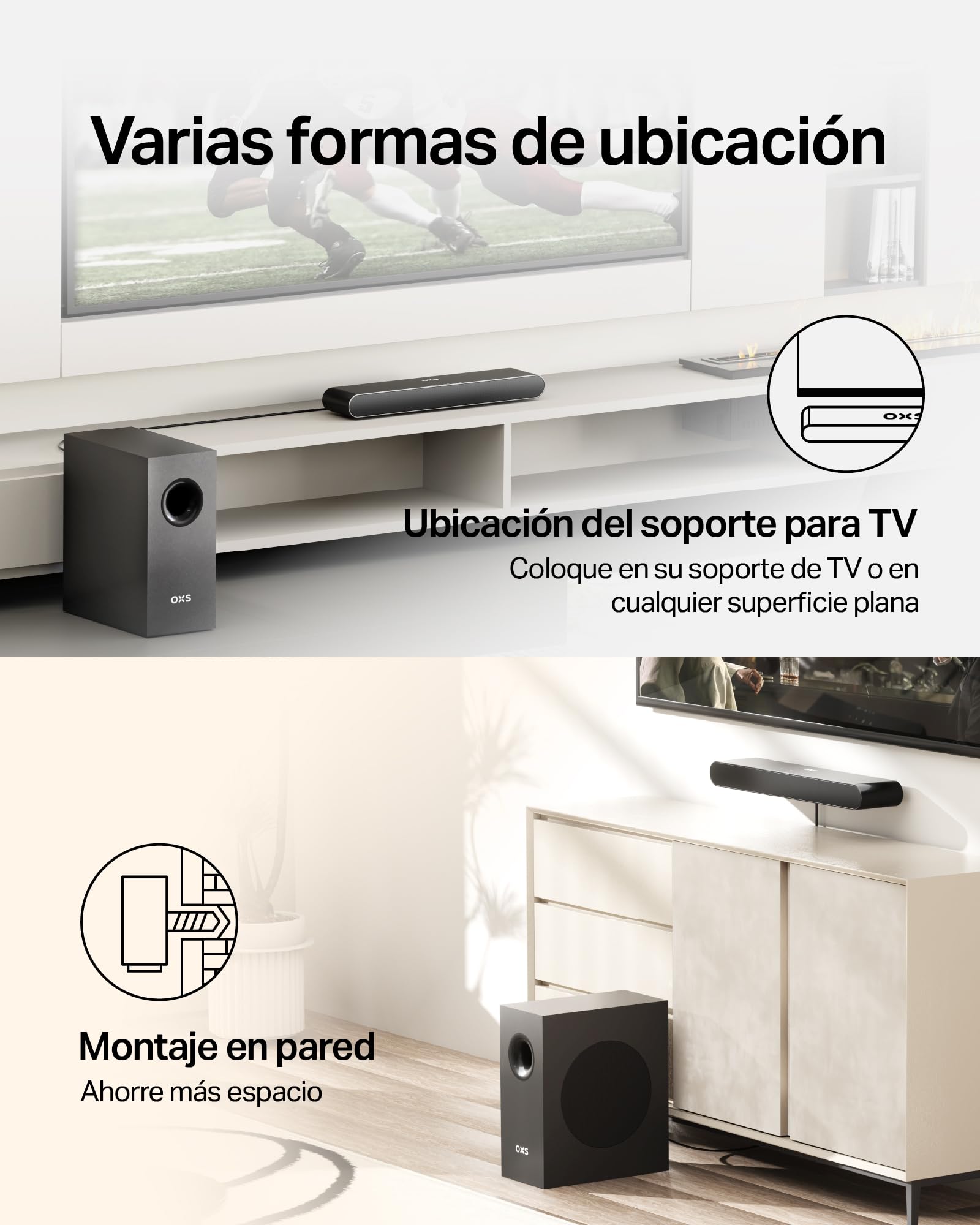OXS S21 Barra de Sonido, 2.1 con subwoofer, Sonido Preciso con Graves Profundos, 180 W, 3 Modos de Ecualización, Ideal para Películas, Música y Juegos, Diseño Ultra Compacto, Fácil instalación