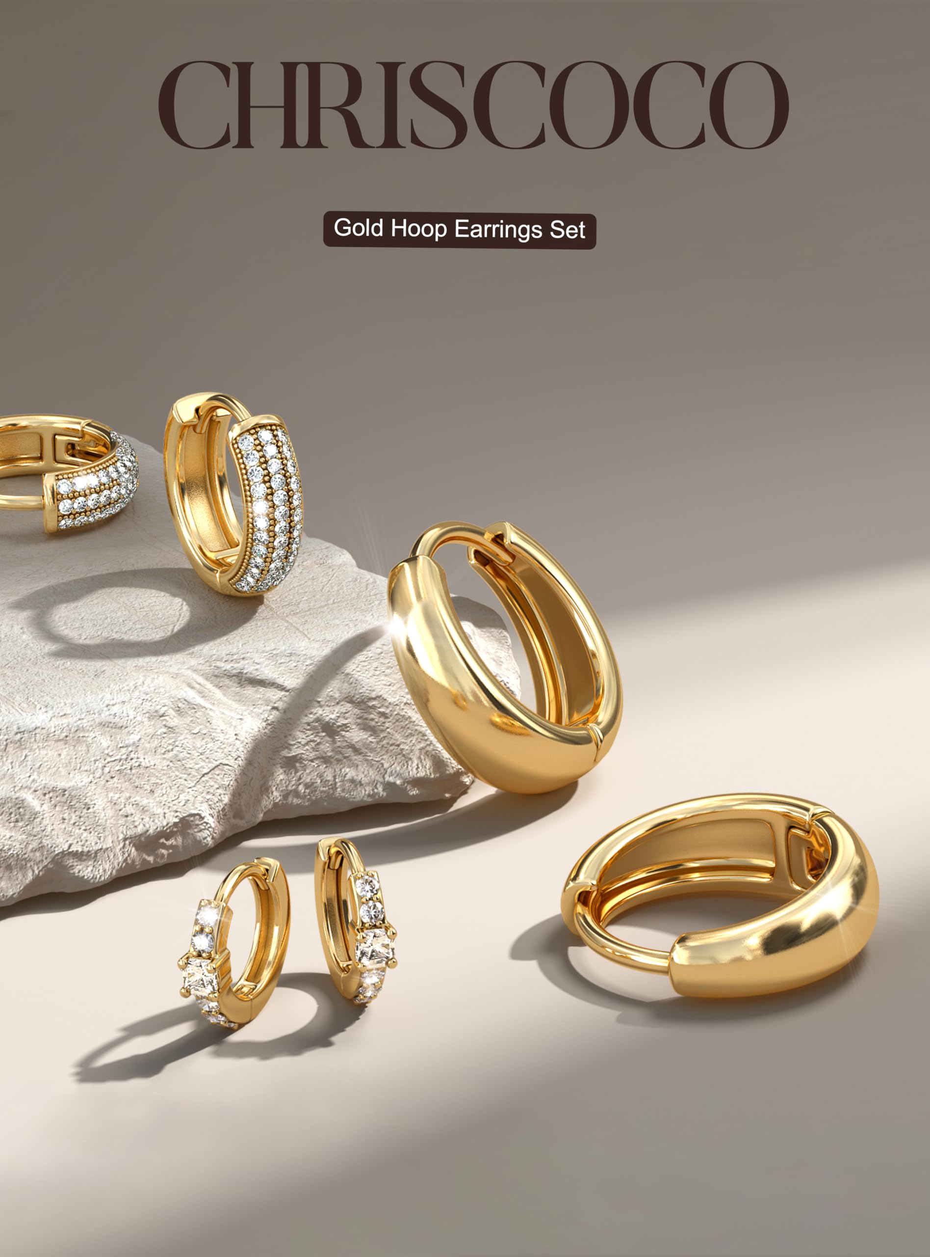 Chriscoco 3Paia Orecchini Cerchio Oro/Argento Set Anallergici Orecchini Donna Oro Placcato 14K Orecchino a Cerchio Piccoli per Fori Multipli