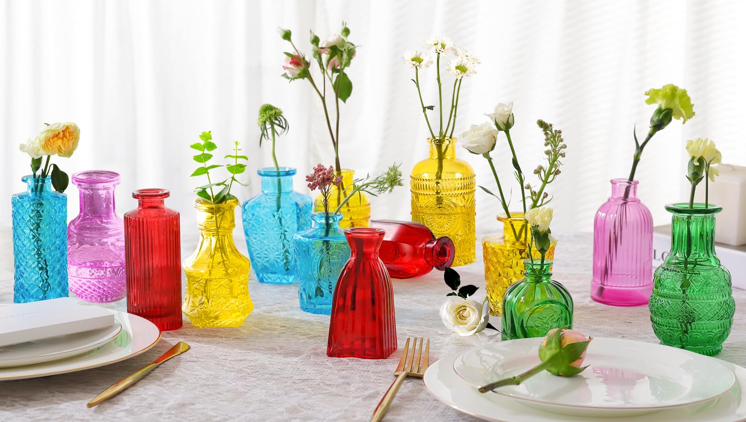 KOIUEYW Mini-Blumenvasen aus farbigem Kristallglas, Vintage-Stil, für Blumen, Tischdekoration, Hochzeiten, Wohndekoration und Partys, 24er-Set