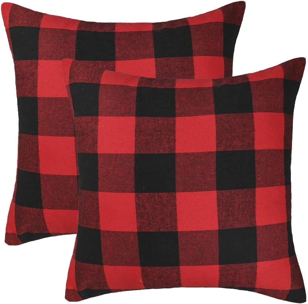 DASAN Retro Farmhouse Buffalo Tartan Chequer Plaid Cotton Linen Decorative Throw Pillow Case Cushion Cover Pillowcase for Sofa,Car, Bed, Pack of 2 (Black/Red, 18''x18'')