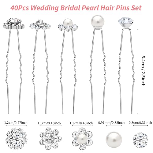 Miniatura 3 de Paquete de 40 horquillas para el pelo de perlas de boda para novia, perlas plateadas con diamantes de imitación, accesorios para decoración de