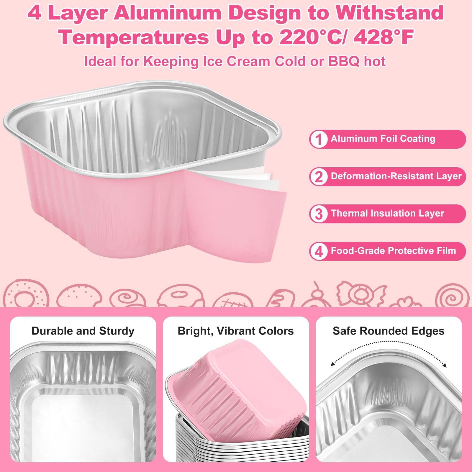 Mini-Kuchenformen mit Deckel und Löffeln, 142 ml, quadratische Aluminiumfolie, Kastenformen, Rosa, kleine Kuchenformen, Einweg-Backformen, Dessert-Cupcake-Becher mit Schleifen-Aufklebern, für Hochzeit