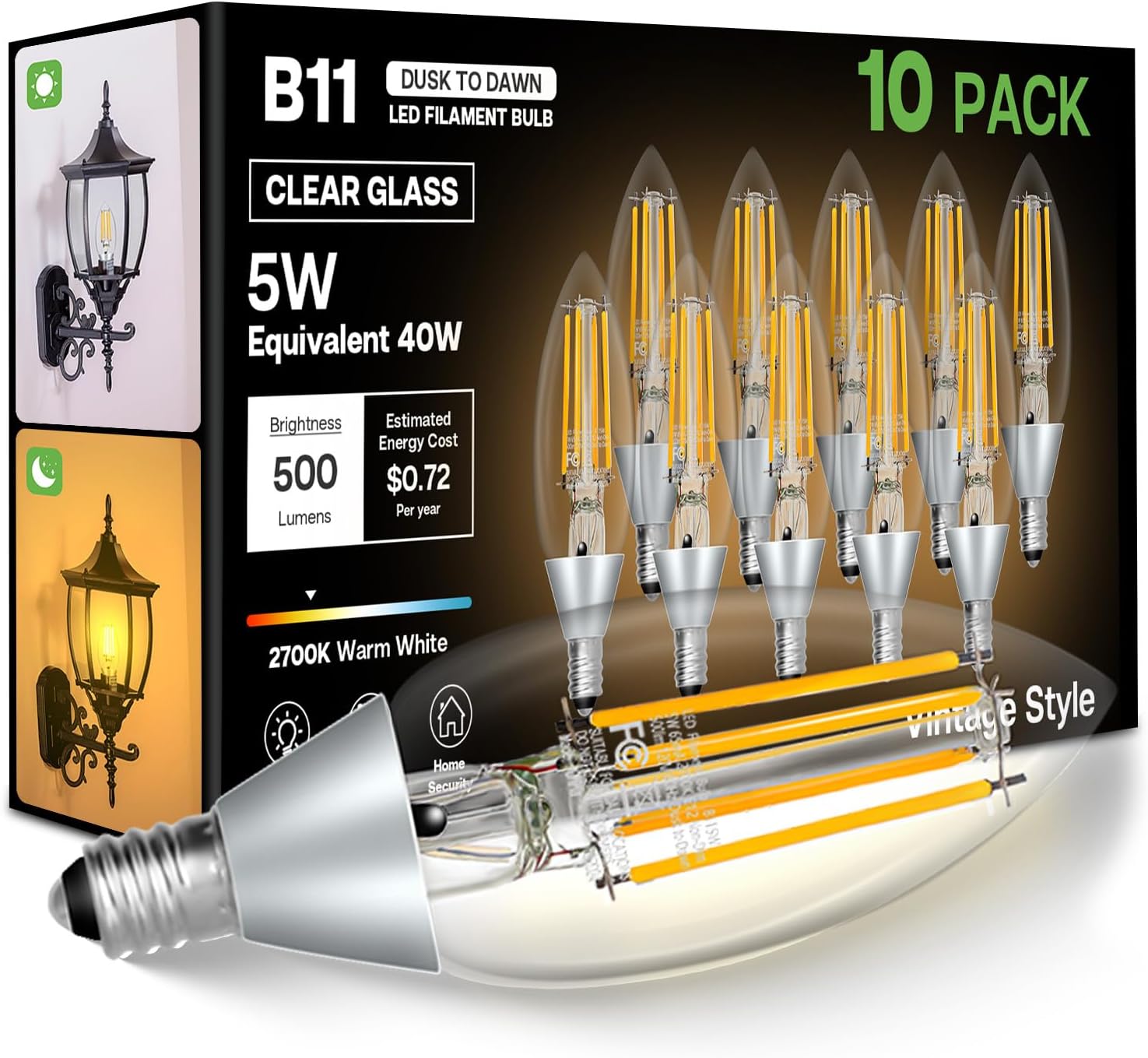 Dusk to Dawn Outdoor LED Light Bulb, 5W Equivalent 40W, Candelabra B11 Light Bulb, 2700K Soft White, Edison LED Bulbs E12 Base, Lighting Sensor, Auto On/Off for Porch Patio Garage, 10 Pack