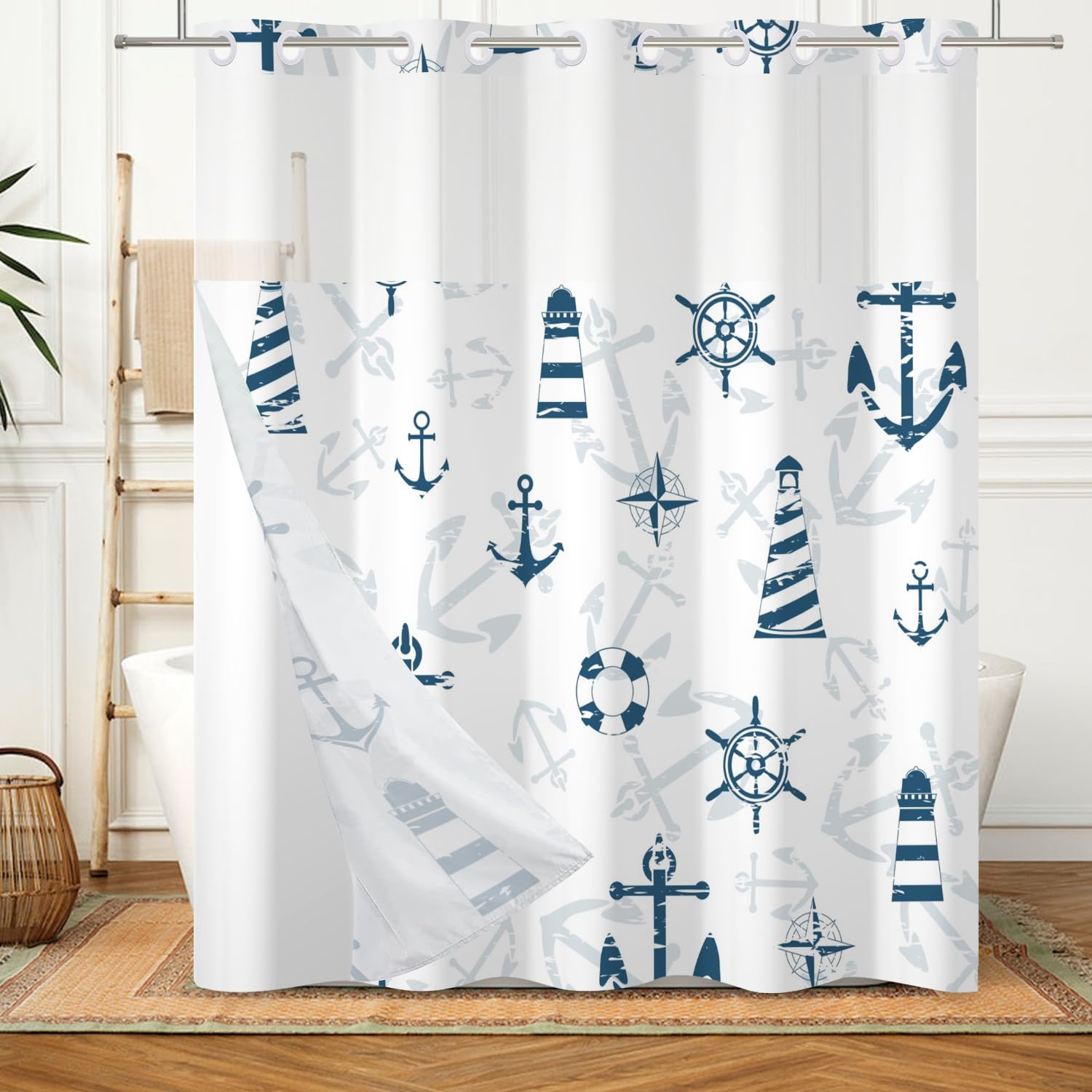 Lexfvpoo No Hooks Needed Shower Curtain with Snap in Liner Set Nautical Shower Curtains for Bathroom Lighthouse Anchor Decorative Bath Curtain