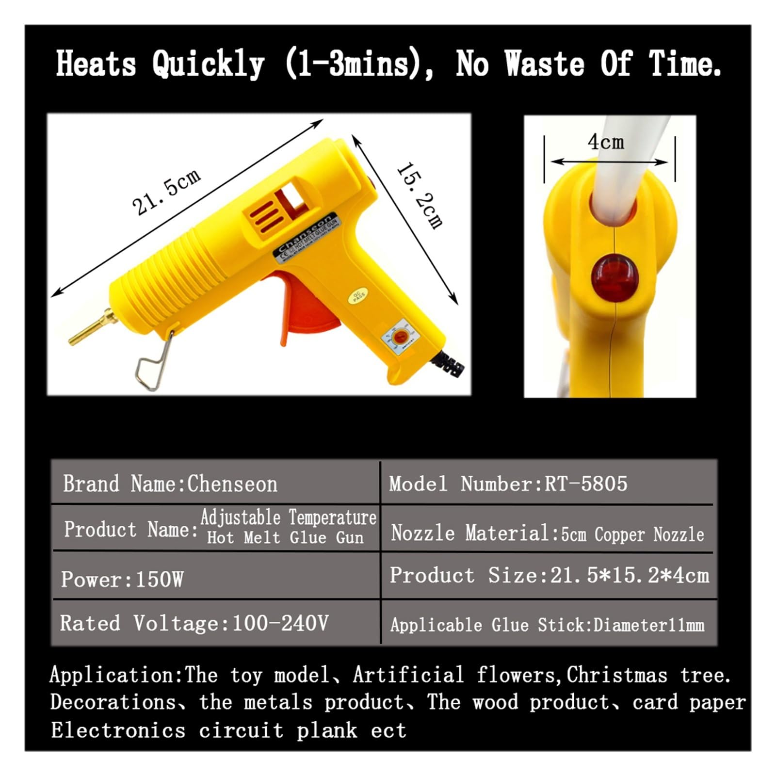 Pistola Silicona Caliente, Pistola de pegamento de fusión en caliente de 150W con 10 Uds. Palos blancos de 11mm * 200mm temperatura ajustable intelinte, boquilla de cobre de 5 uds.(Kitchen treasure)