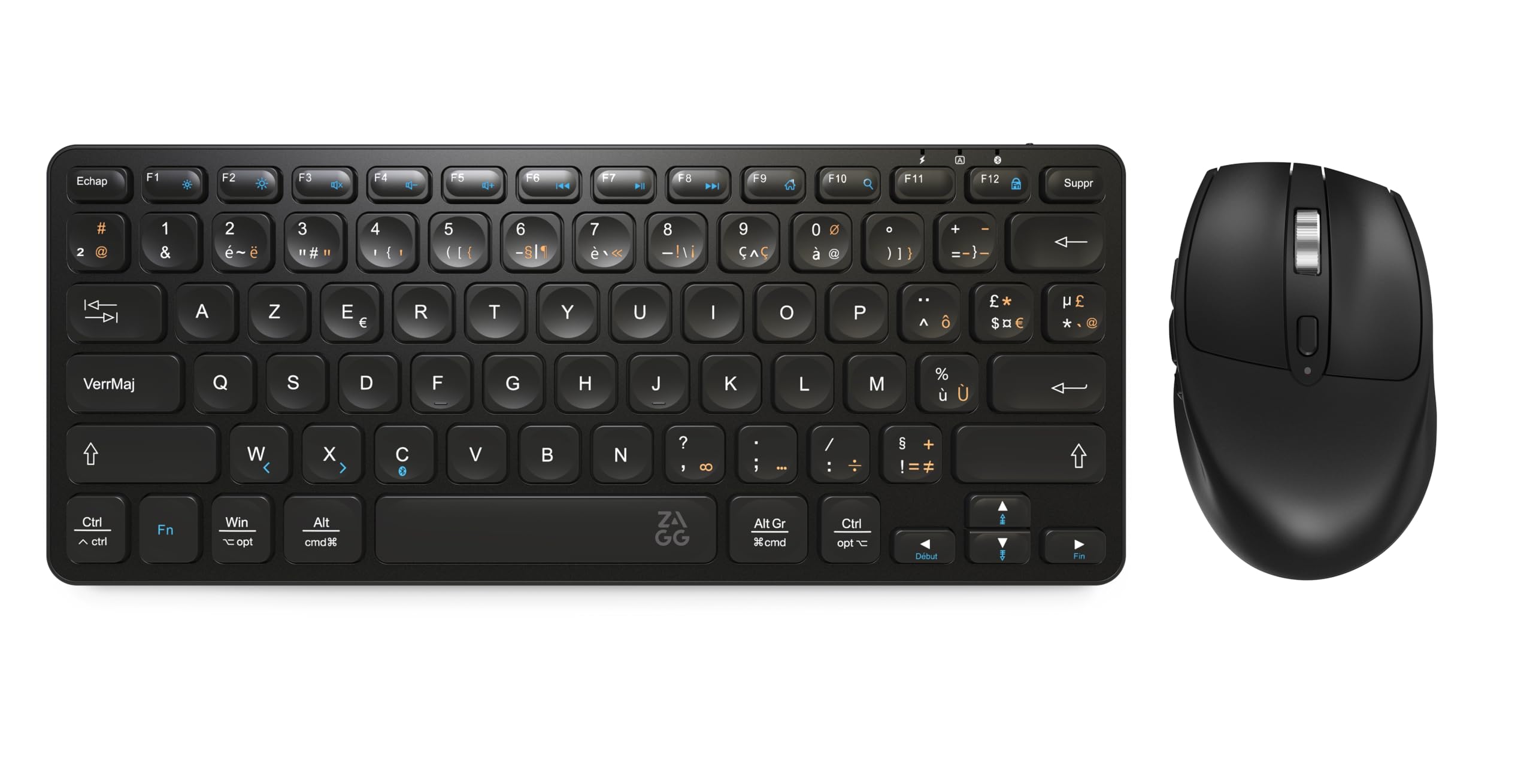 ZAGG Combo Clavier et Souris sans Fil 12 Pouces, Connexion Facile, ergonomie et Design Minimal, Mouvement de Souris Fluide, Compatible avec Windows, macOS, iOS, ChromeOS et Android, Noir, français