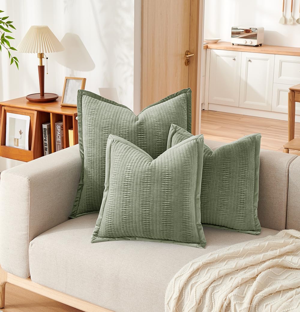 1 Piece 24x24 Pillow Cover Striped Euro Sham Velvet Army Green Pillow Covers Decorative Square Cushion Covers Soft Texture Euro Shams for Couch Bed Living Room