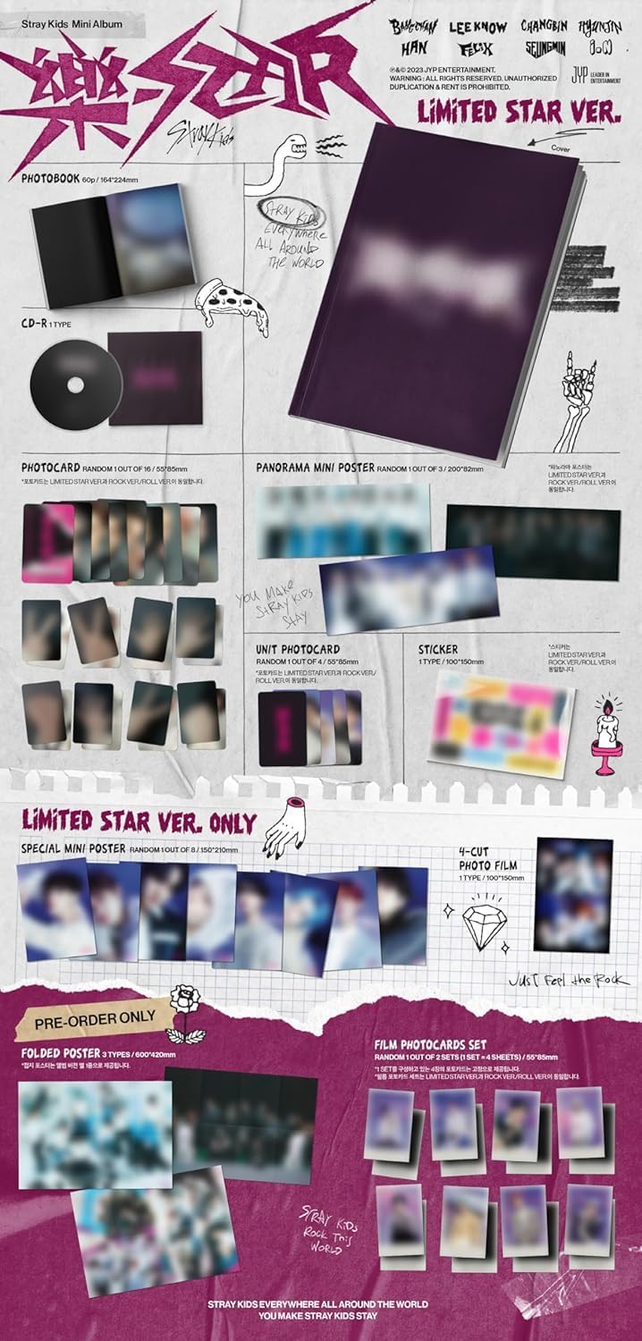 Stray Kids Album 樂-STAR Rock Star (Limited Version) 8th Mini Album with Pre-Order Benefit (1x Folded Poster & 4x Film Photocards), JYPK1719-1