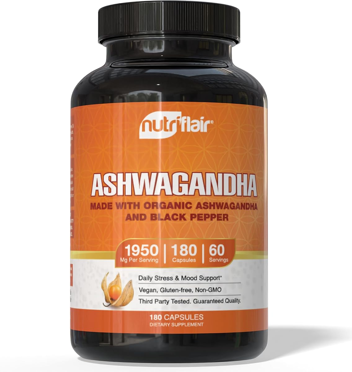 NutriFlair NutriFlair Organic Ashwagandha Root Extract - with Organic Black Pepper - Stress and Mood Support - Powerful Adaptogenic Benefits and Overall Health - Made in USA