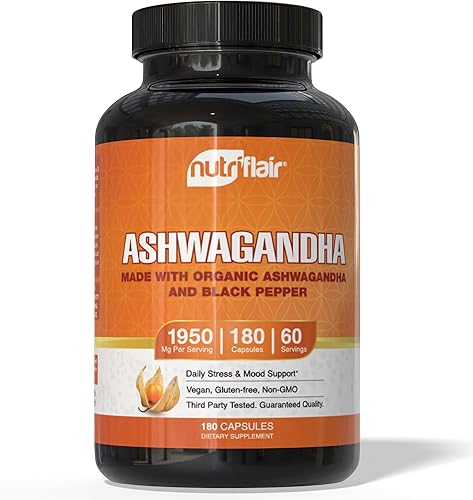 NutriFlair Ashwagandha Cápsulas 1600 mg, 120 píldoras veganas (hechas con Ashwagandha orgánica y pimienta negra) - suplemento de polvo de raíz -