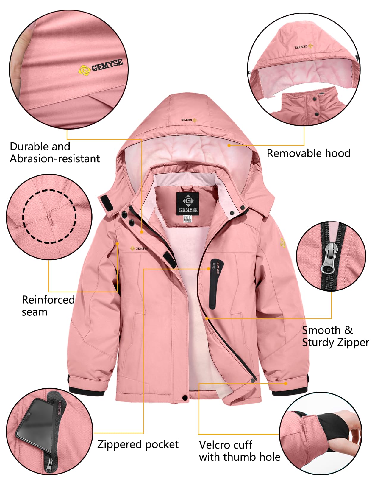 GEMYSE Bambine Giacca da Sci Impermeabile Pile Antivento Giacche Ragazze invernale Cappotto con Cappuccio