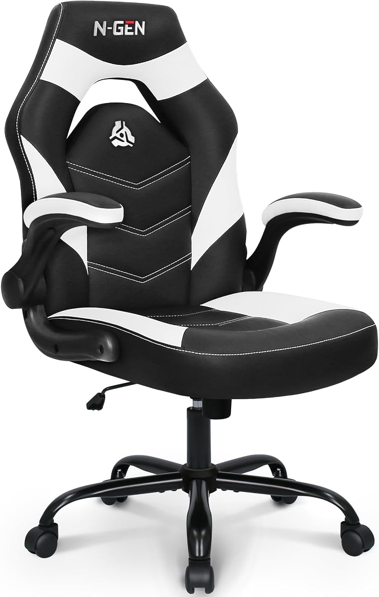 Silla Gaming N-GEN Gaming, Lumbar, Cuero PU, Brazos Abatibles, Blanco | Diseño ergonómico de respaldo alto, altura ajustable con ruedas giratorias de 360°, cómodo asiento de escritorio para computadora para oficina y hogar