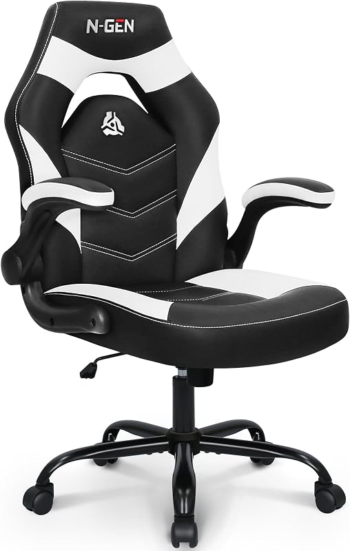 Silla Gaming N-GEN Gaming, Lumbar, Cuero PU, Brazos Abatibles, Blanco | Diseño ergonómico de respaldo alto, altura ajustable con ruedas giratorias de 360°, cómodo asiento de escritorio para computadora para oficina y hogar