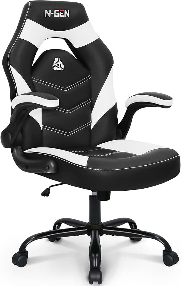 N-GEN Video Gaming Chair Ergonomic Computer Desk Office Chair with Lumbar Support Adjustable Height Swivel Wheels Flip-Up Arms PU Leather Home and Office (White) The Forest Stewardship Council
