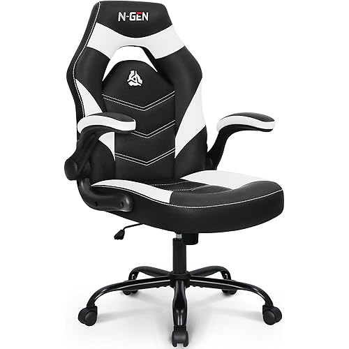 N-GEN Video Gaming Chair Ergonomic Computer Desk Office Chair with Lumbar Support Adjustable Height Swivel Wheels Flip-Up Arms PU Leather Home and Office (White)